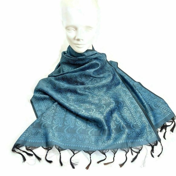 Women Winter Shawl Wrap Scarf Neckwear Blue Silk Holidays Gift For Her - Picture 6 of 6